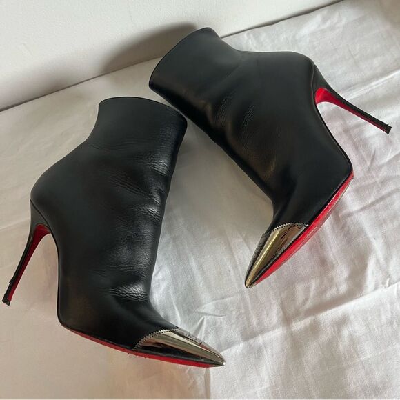 CHRISTIAN LOUBOUTIN Black Metal Toe Ankle Booties Calamijane 100mm Wingtip sz 37 - Picture 7 of 13